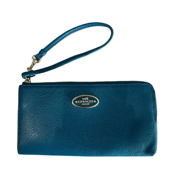 COACH Teal Blue Leather L Zip Continental Clutch Wallet With Gold Logo, Like new - Picture 1 of 5